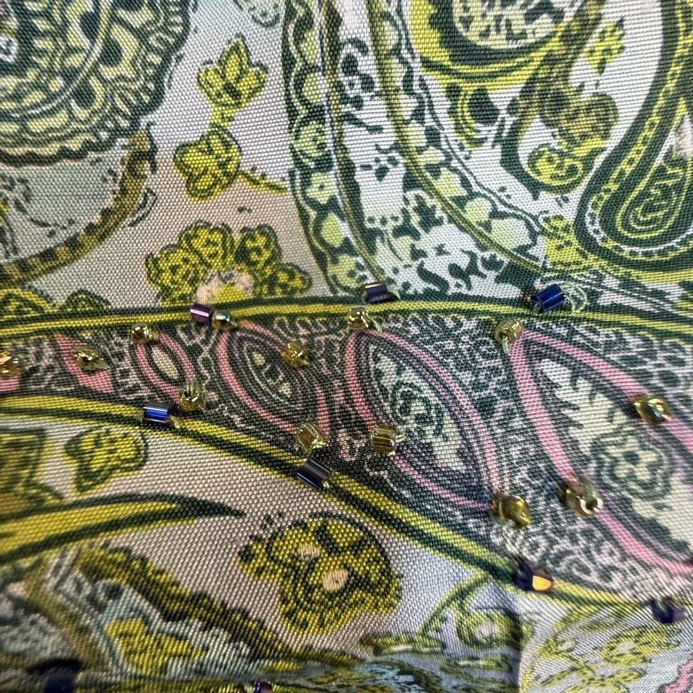 Adrianna Papell 100% Silk Paisley Beaded Pants Green Purple Size 14 Straight Leg